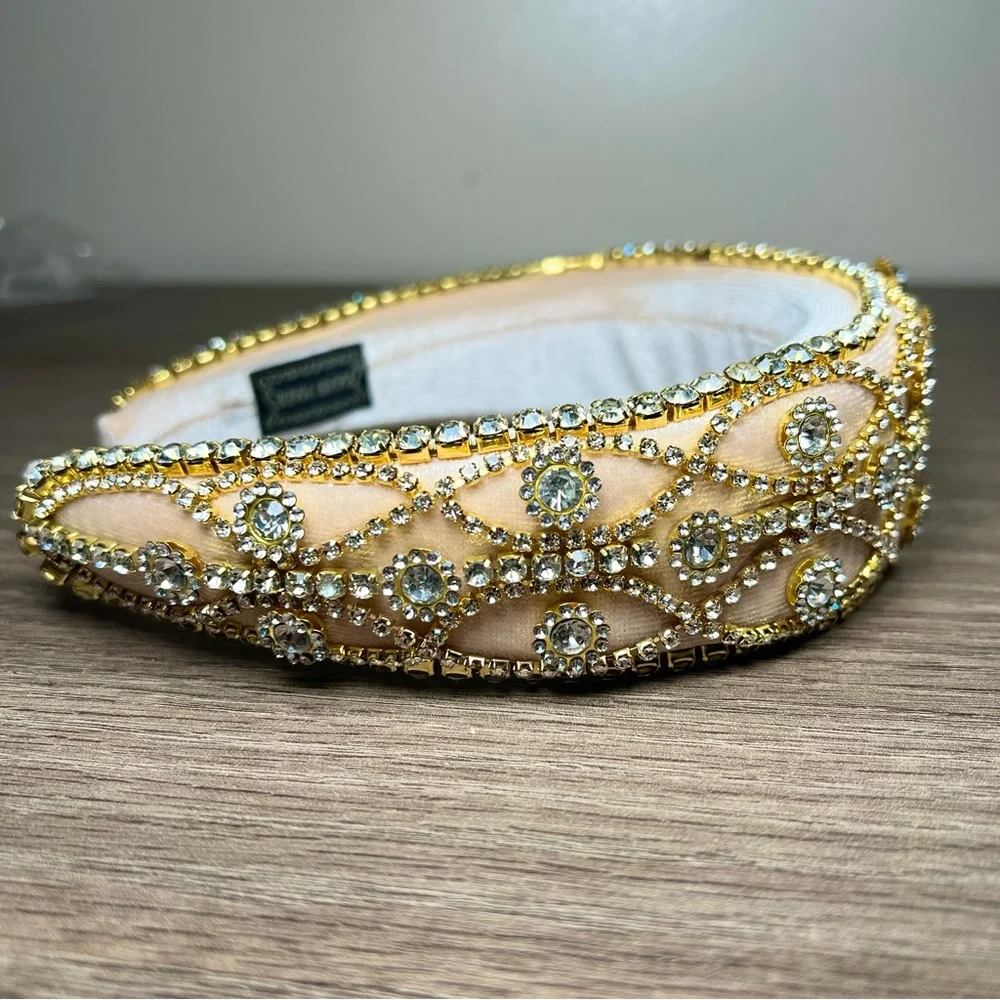 Champagne Gold Crystal Rhinestone Embellished Vintage Inspired Velvet Headband